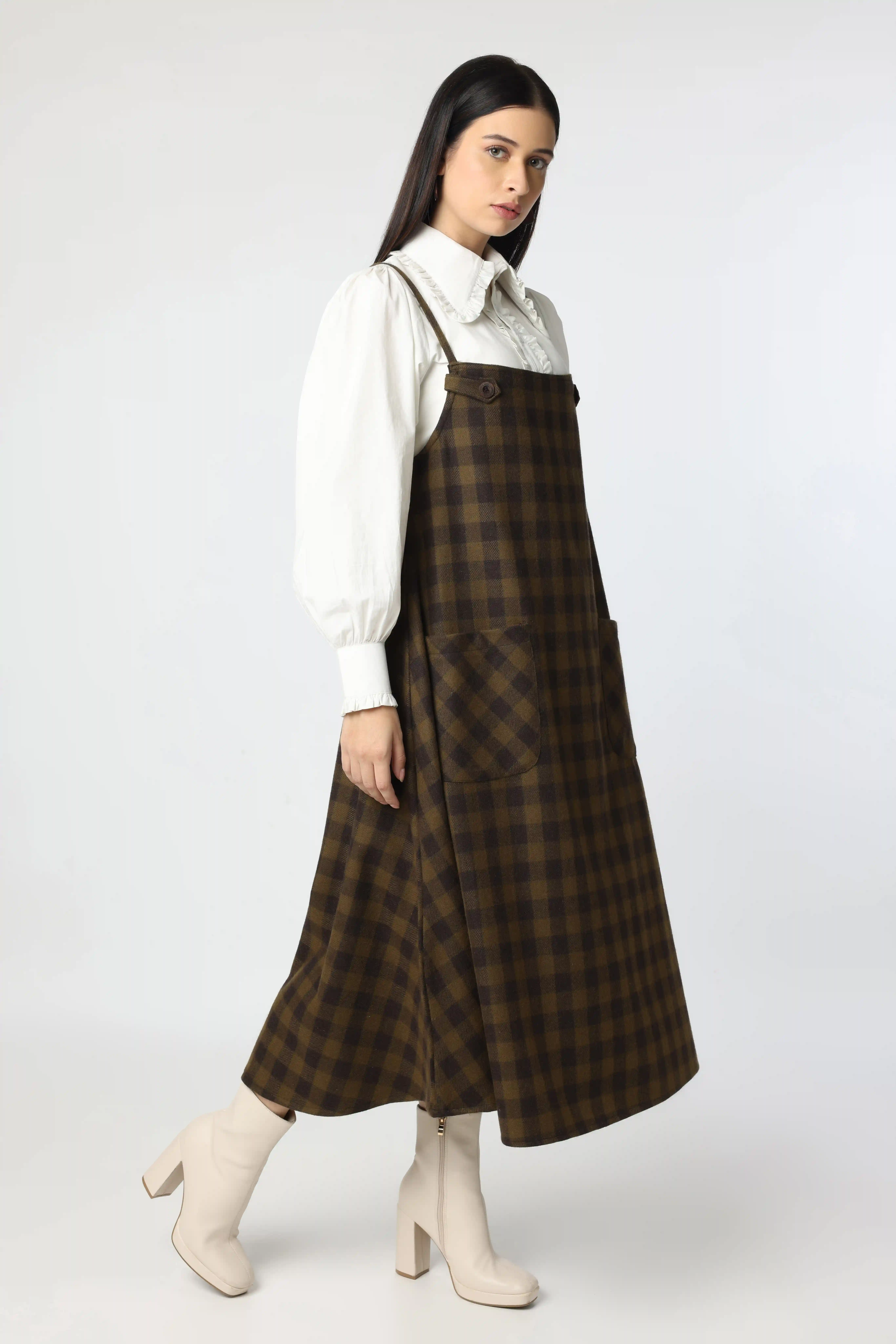 Frilled White Cotton Shirt Paired With Classic Woolen Dress