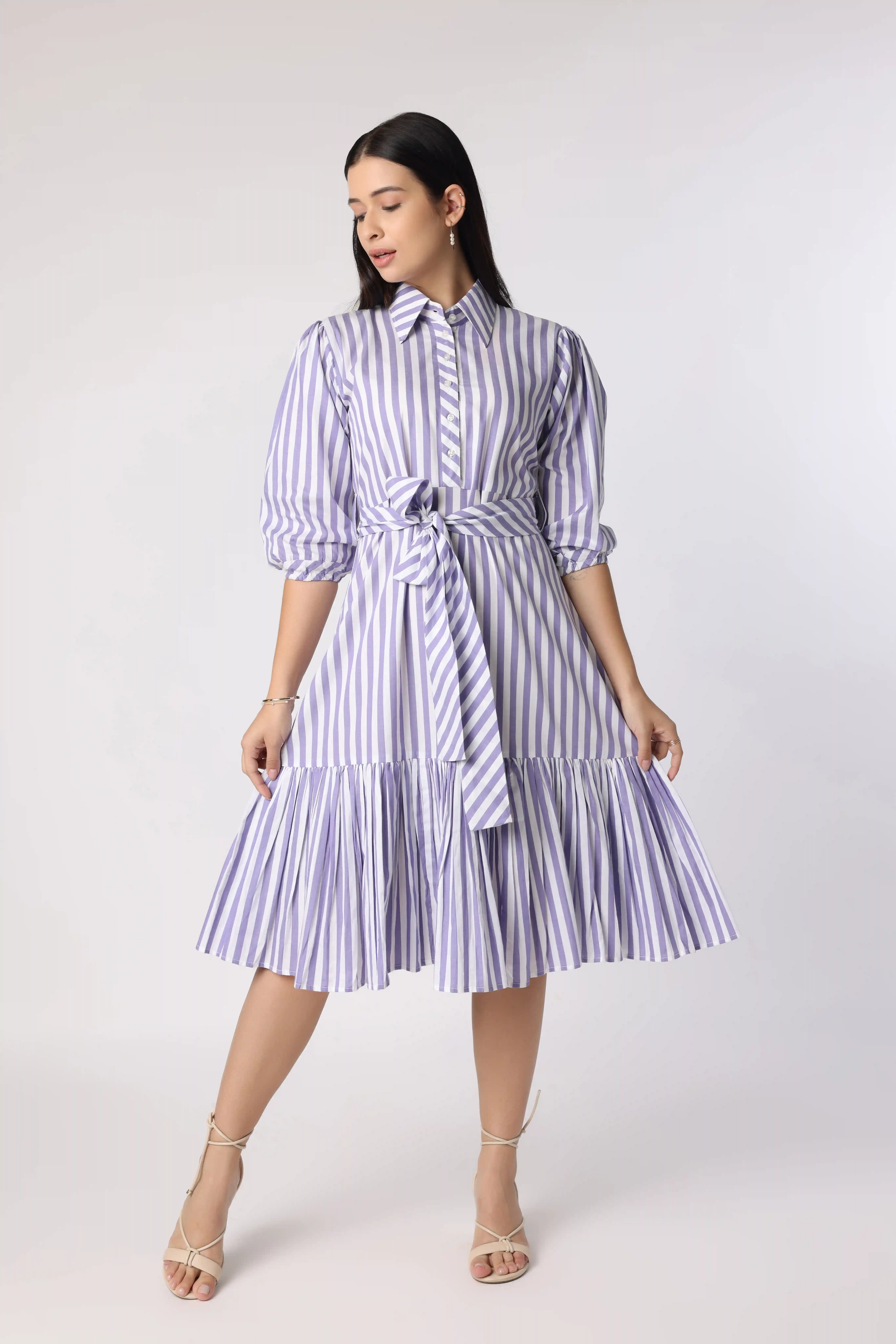 Striped purple gathered dress